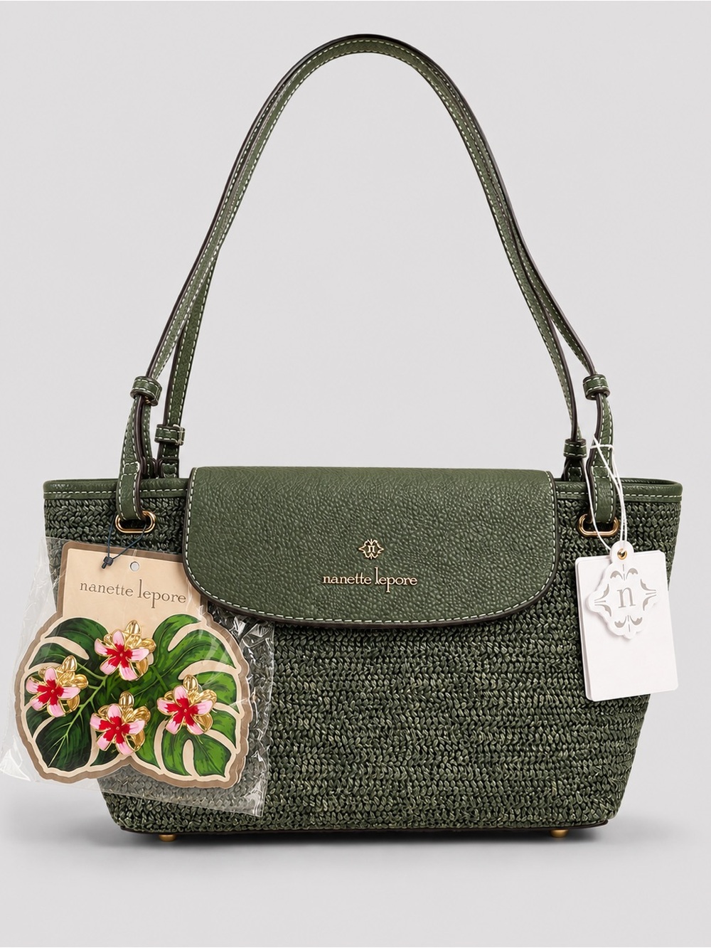Nanette Lepore Annais Clover Green Straw Shoulder Bag NWT $108 Olive Green Purse